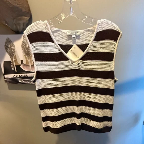 NWT St John Brown/Cream Vneck Striped Sleeveless Sweater Top Size Medium $295